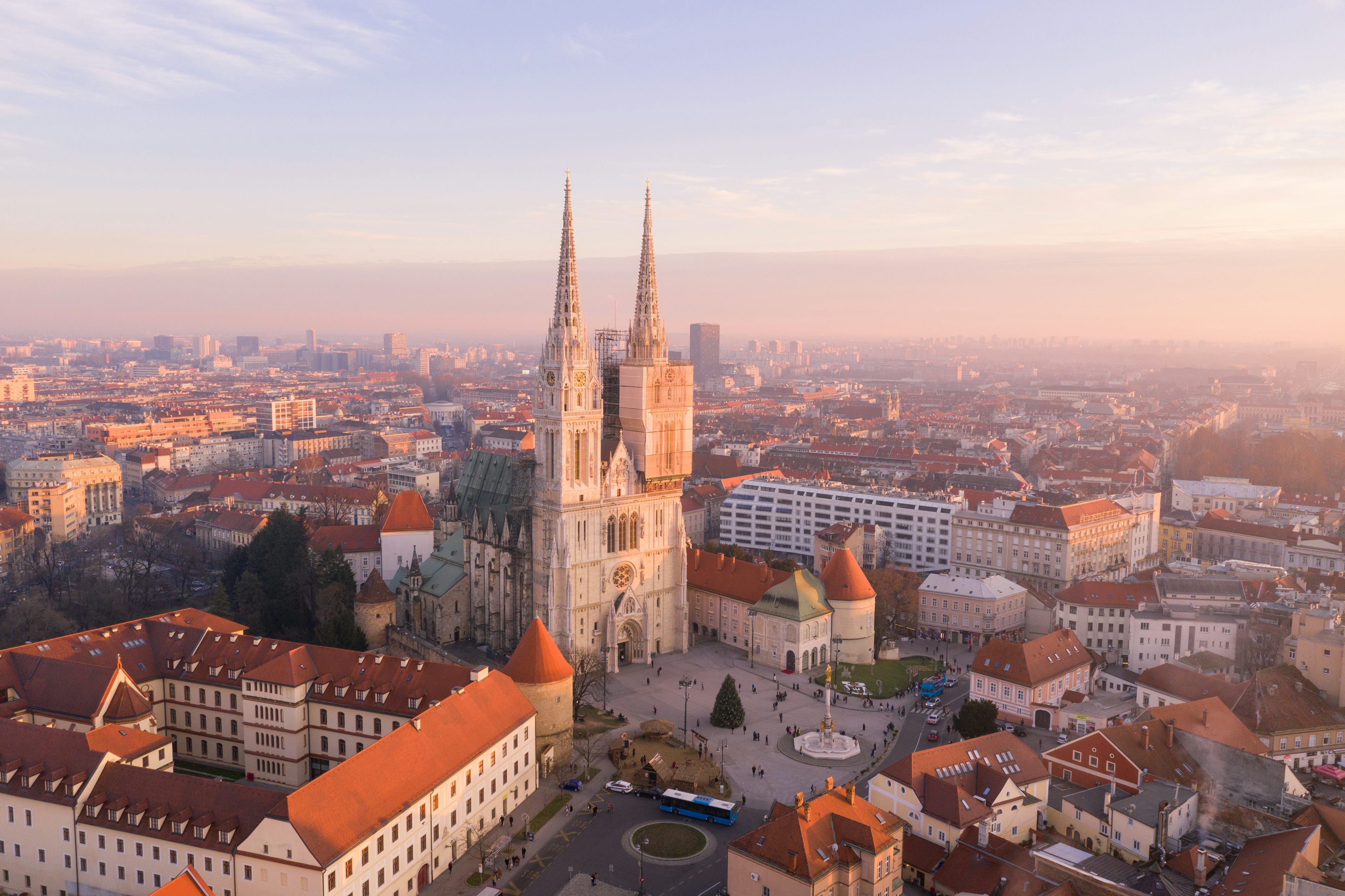 Aerial view of Zagreb with Zagreb Cathedral at the centre